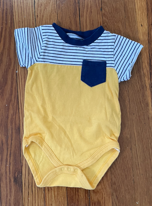 Short sleeve boys onesie - yellow with blue and white stripe top, blue pocket - never worn, no tags