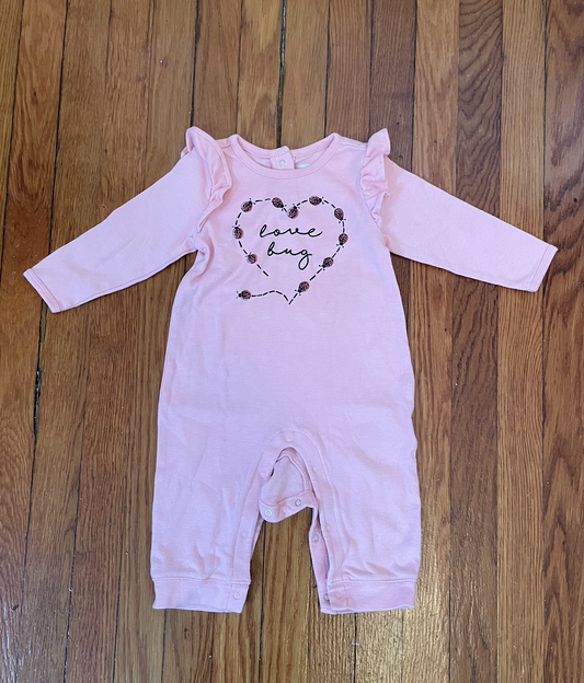 #22B Old Navy Valentine’s Day Love Bug long sleeve romper - pink with lady bugs - girls size 6-12 months - EUC