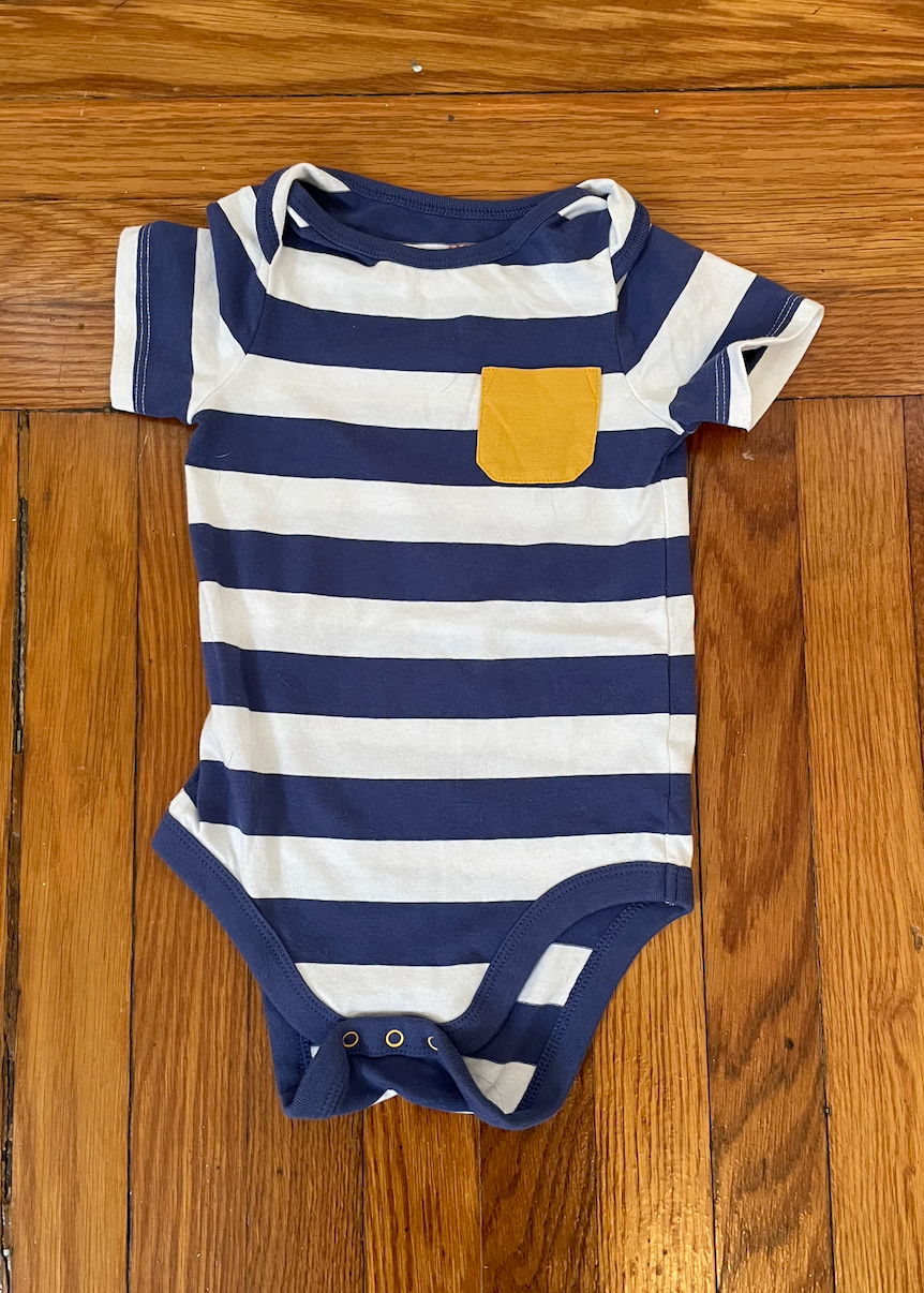 Blue striped onesie with yellow pocket - never worn - boys size 12 months