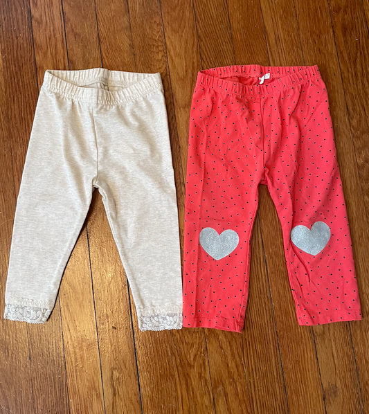 #22B 2 pairs of 12 month girl leggings - pink with silver sparkly heart knee pants, and beige pants