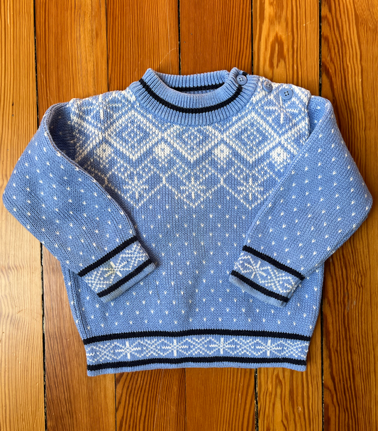 Hanna Andersson Vintage Fair Isle Sweater - 12-18 Months (Size 80) - Blue and white knit - GUC