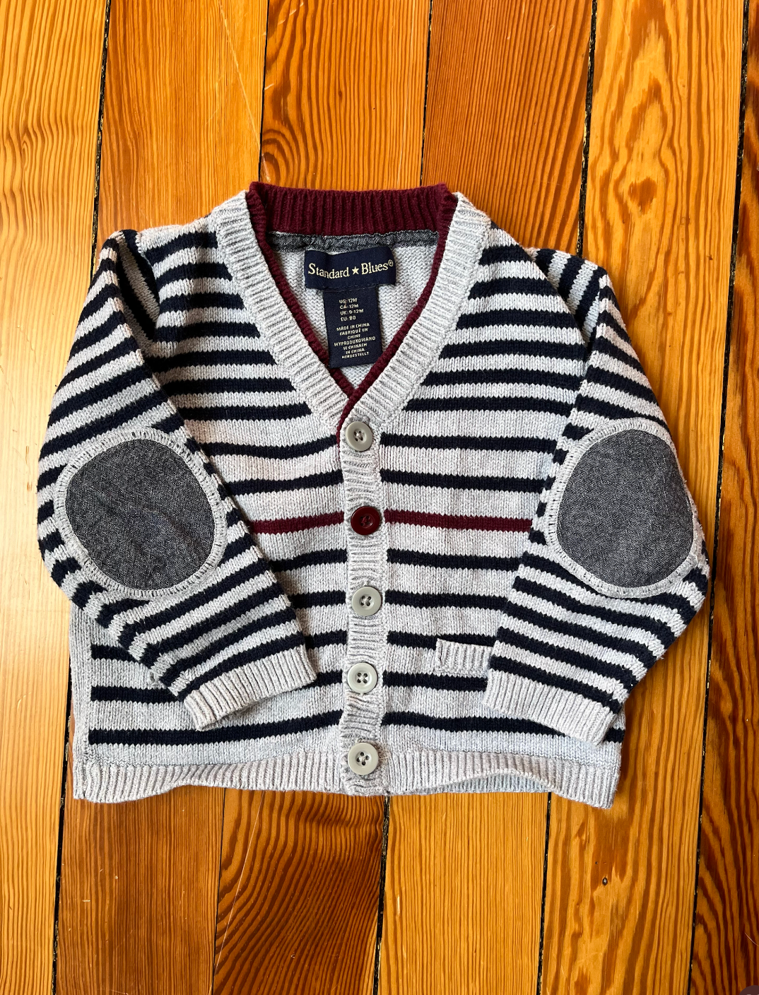 Standard Blues Striped Cardigan with Elbow Patches - 12M - Gray, Navy and Maroon - EUC