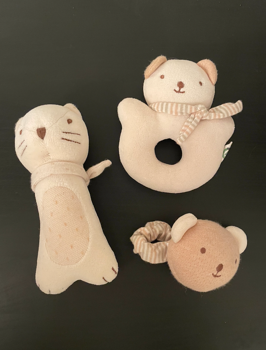 Soft, organic, newborn rattle bundle - set of 3 bear rattles - soft to the touch, and quiet rattle sound
