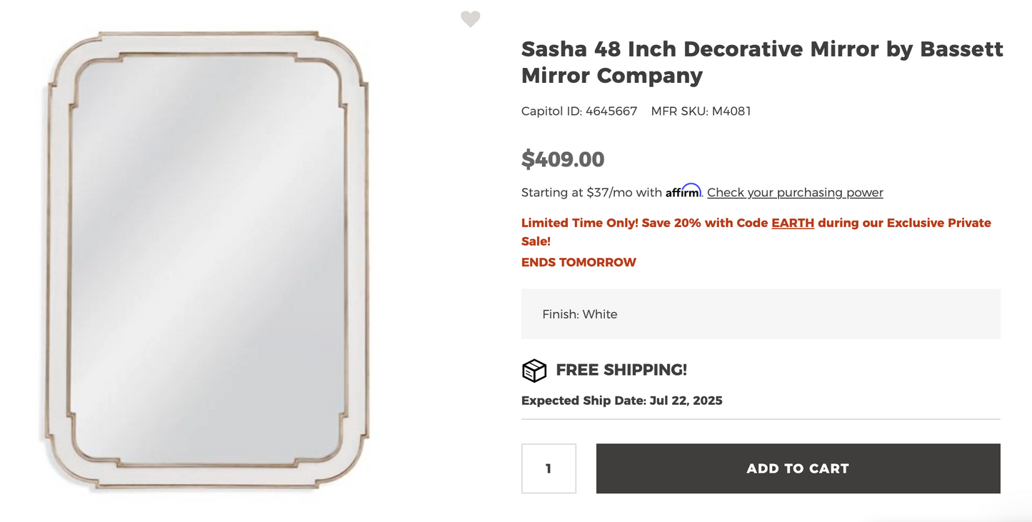 #13 - PPU 45207 - 48 x 34 inch mirror - Sasha mirror - white and gold - Small crack in frame (pictured) - Retail: $409