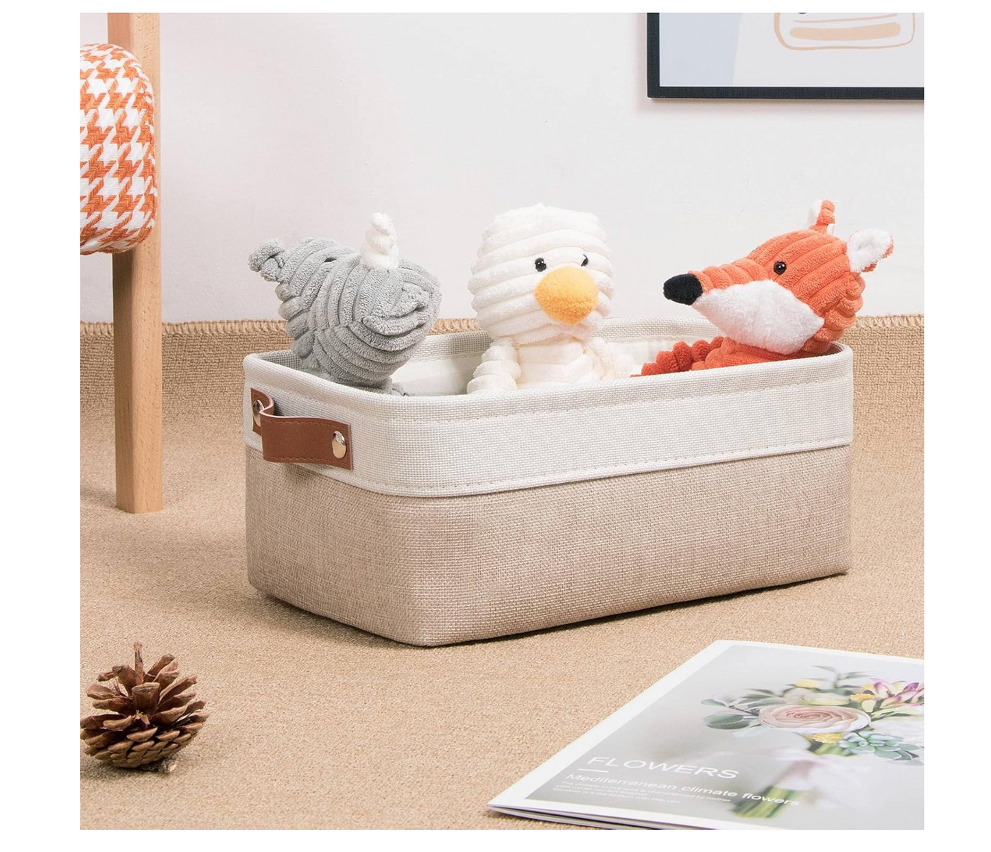 #95 Small Rectangular Storage Bins in White and Khaki, size 7.9 x 11.8 x 5", set of 2