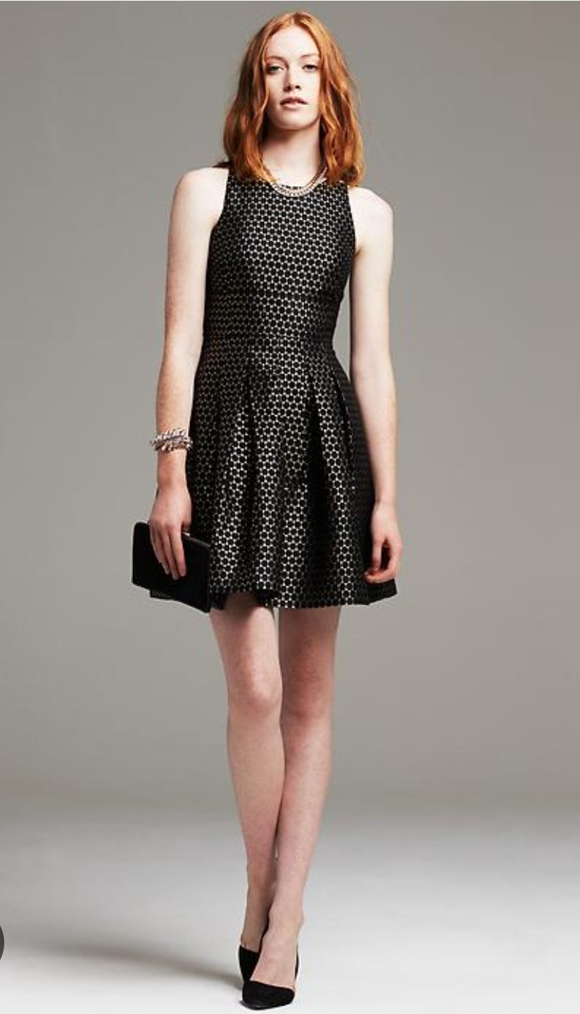 #167 Banana Republic 12P Metallic Jacquard Fit & Flare Dress