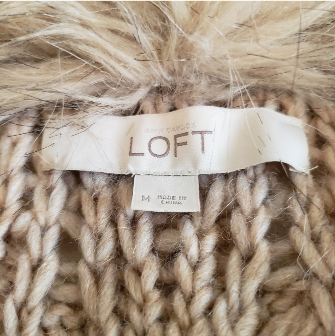 #167 Ann Taylor Loft Medium Faux Fur Trim Cardigan Sweater