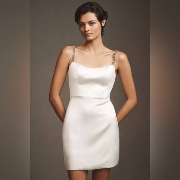 Seller #144 Mac Duggal Rhinestone Strap Silver/White Satin Mini Dress - Size 4 NWT