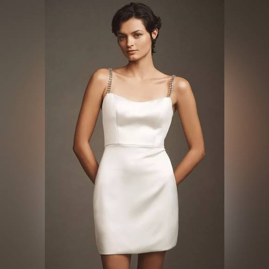 Seller #144 Mac Duggal Rhinestone Strap Silver/White Satin Mini Dress - Size 4 NWT