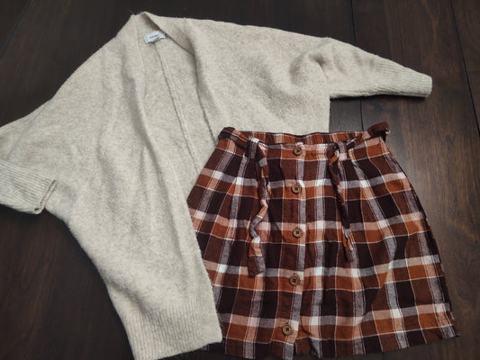 Seller 185:  Girl 10/12 Oversized Cardigan and Plaid Skirt Old Navy