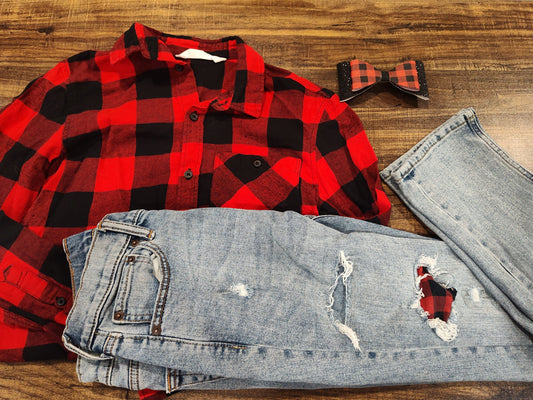 Seller 185:  Plaid Outfit with custom bow size 12 girls (jeans 11/12)