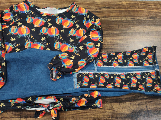 Seller 185:  Boutique Pumpkin Fall Bell Bottom Outfit fits like a 12 girls