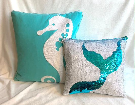 Seller #151 - REDUCED - Set of 2 Ocean Themed Throw Pillows - Seahorse and Mermaid / Whale Tail