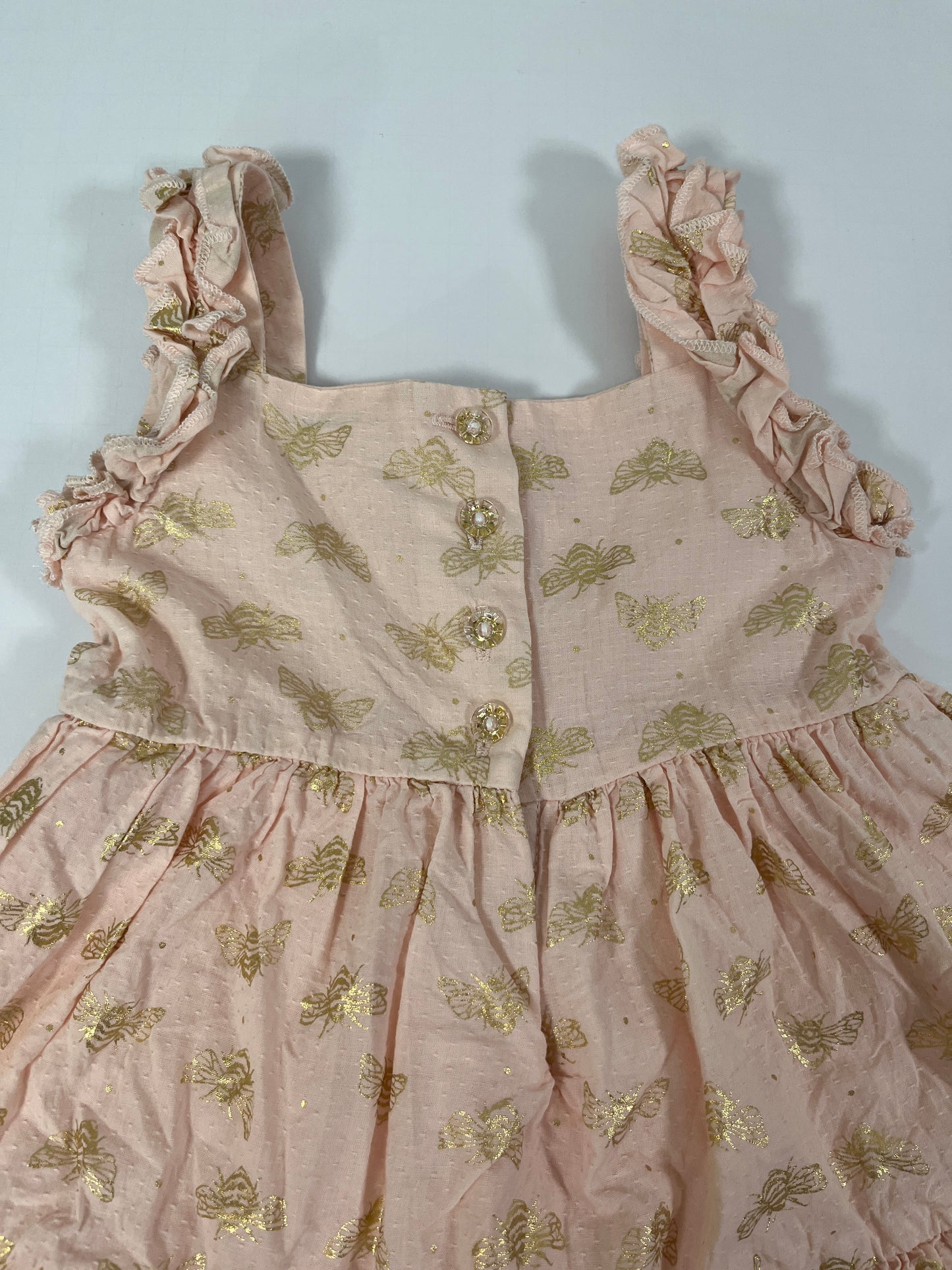 PPU 45242 2T girls Max Studio pink ruffle shiny gold bee dress with ruffle sleeves
