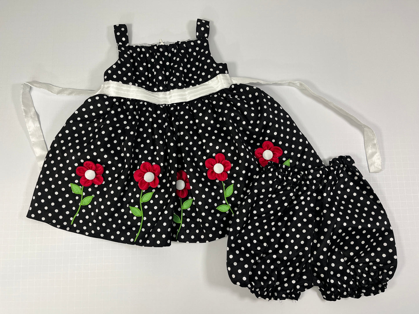 PPU 45242 24m girls American Princess black polka dot floral rose party dress with bloomers