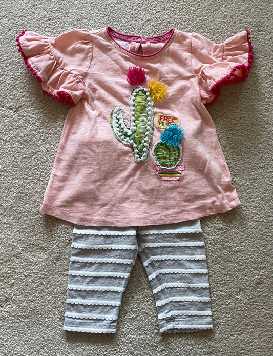 Mud Pie Girls Pink Cactus shirt and Grey/White Stripe Capri Pant size 2T