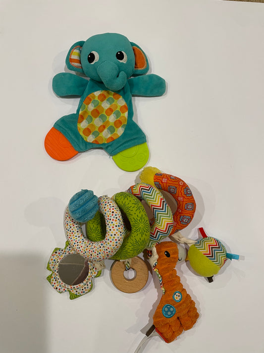 Stroller toy and elephant teether and crunchy toy