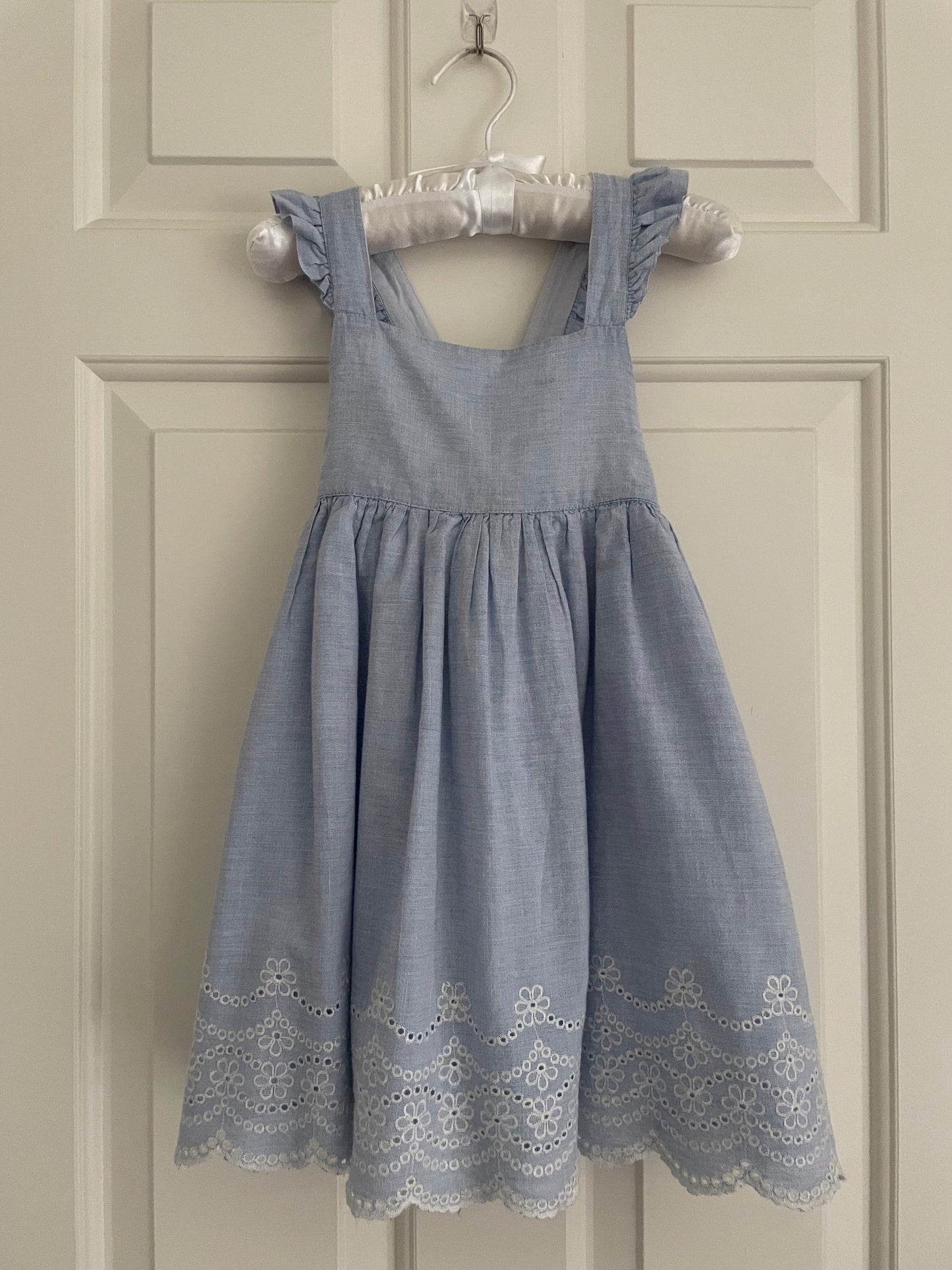 Baby Boden Girls Light Blue Crossback Dress with eyelet details size 2-3