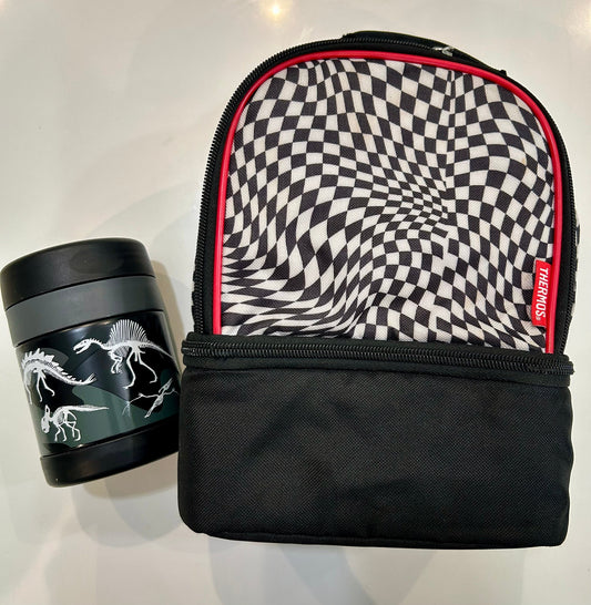 #32 REDUCED PRICE Black and White Lunchbox + Ksids Thermos