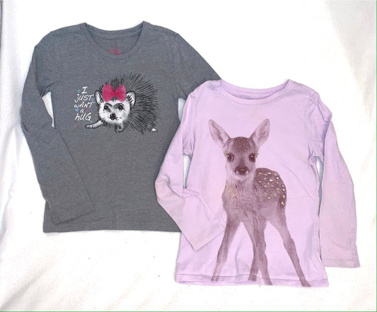 Seller #151 - REDUCED - Size 4/5 Girls set of 2 Long Sleeve Tees - Grey Hedgehog and Lavender Baby Deer