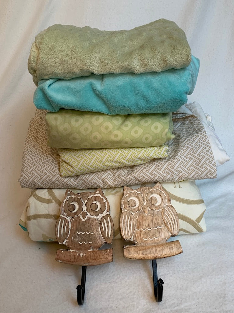Seller #151 - REDUCED - Bedding - Beautiful Natural Crib Bedding Set in Cream / Tan / Sage / Aqua