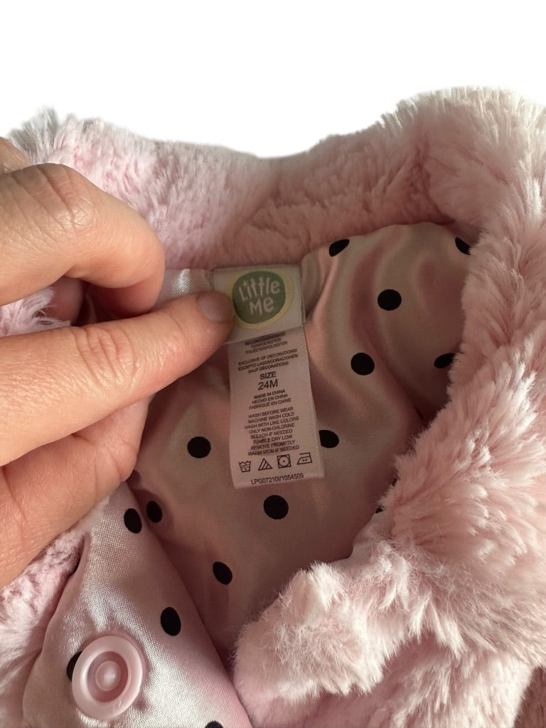 #146 Little Me Pink Faux Fur Black Bows Jacket Girls 24M
