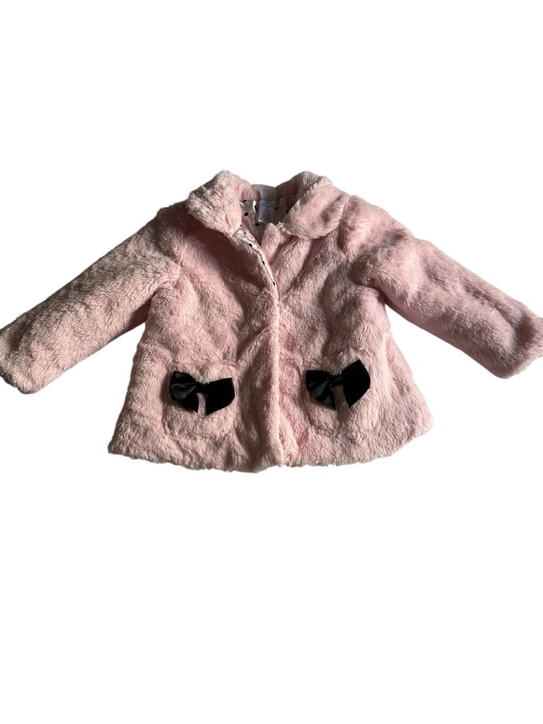 #146 Little Me Pink Faux Fur Black Bows Jacket Girls 24M