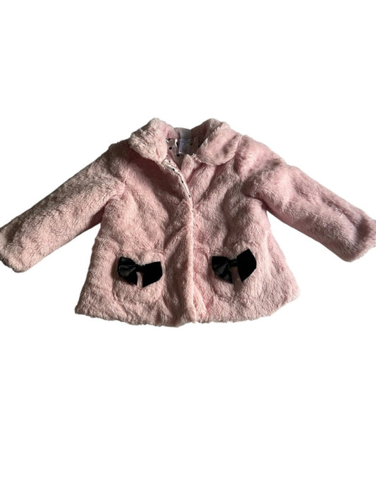 #146 Little Me Pink Faux Fur Black Bows Jacket Girls 24M