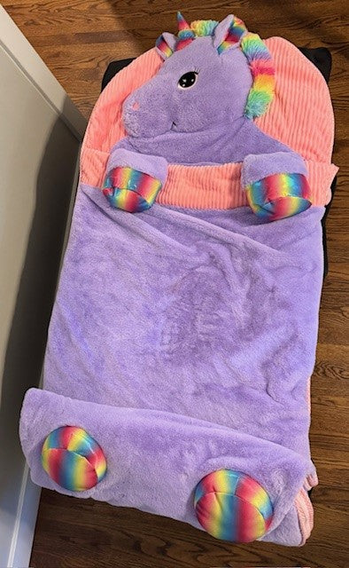 REDUCED #141 Hug Fun Plush Pink Rainbow UNICORN Kids Sleeping Bag Slumber Bag 60" x 27" (1of2) JS
