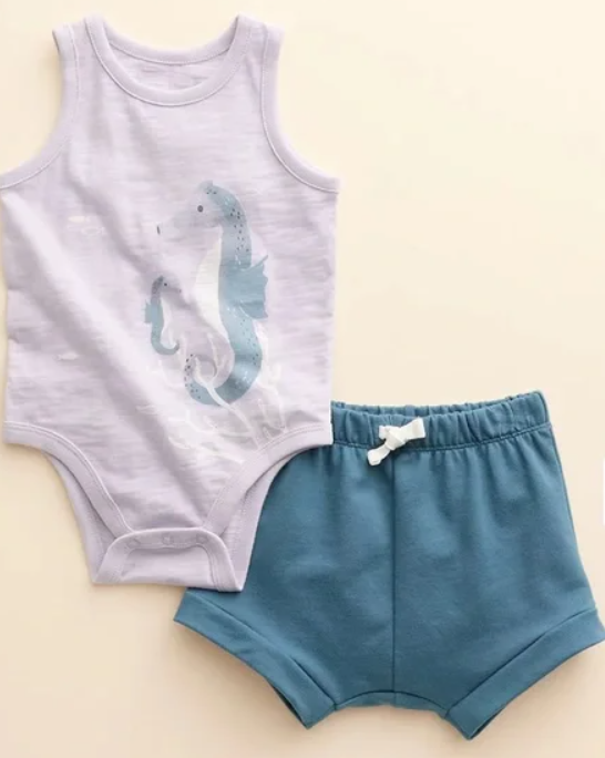 Gender neutral tank and shorts bundle size 6-9m Purple seahorse with blue shorts and blue set with giraffes