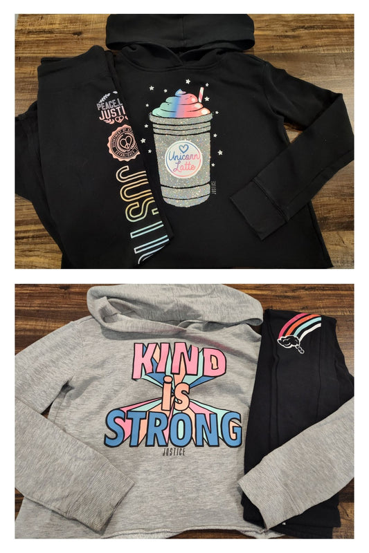 Seller 185:  4 pc mix and match Justice hoodies and leggings girls size 12