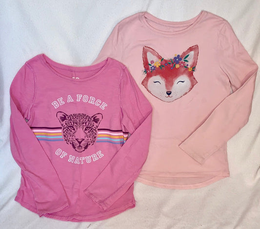 Seller #151 - REDUCED - Size 8 - Girls Long Sleeve Tees in Pink - Leopard Force of Nature and Floral Fox