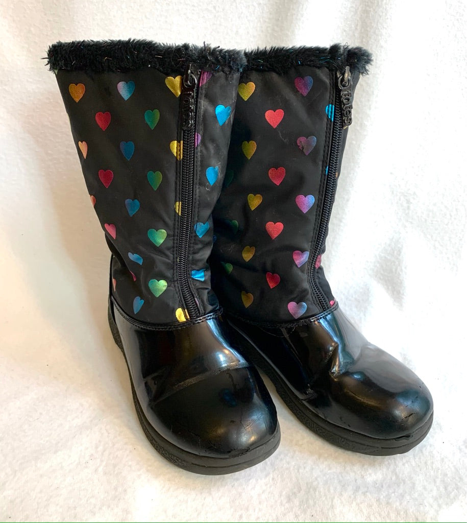 Seller #151 - REDUCED - Girls Shoes - Size 2 Totes Brand Black Zip Up Waterproof Boots with Rainbow Hearts